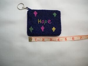 Hand Beaded Hope Coin Purse Keychain Small Navy Blue Chinese Character Zip Pouch